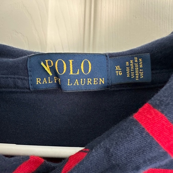 Ralph Lauren Red White Blue Striped Cotton Hooded T-Shirt size XL Green Pony - Picture 3 of 4